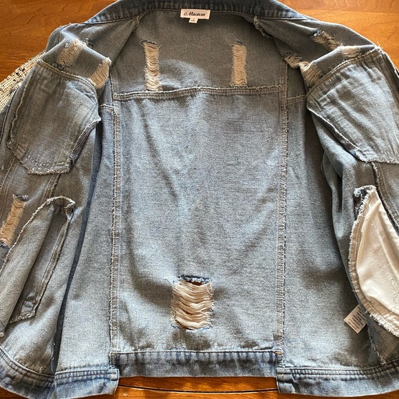Distressed denim with sequined sleeves jacket - Picture 9 of 15